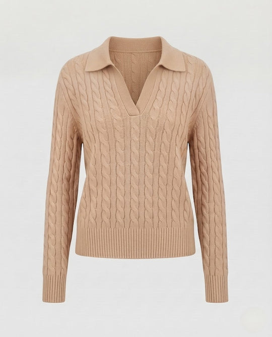 Damen Kabelstrick-Polo-Pullover mit V-Ausschnitt und weicher Feinstrick-Qualität Nord Taschen
