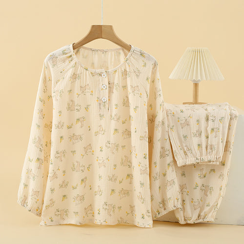 Damen-Pyjama-Set, 100% Baumwolle, langärmelig, süßes Design