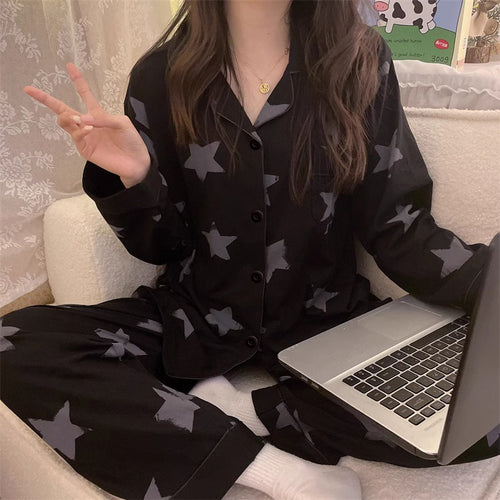 Damen-Pyjama-Set, langärmelig, mit Sternenmuster