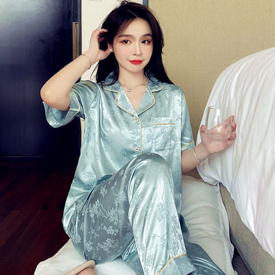 Damen-Pyjama-Set, Eisseide, Kurzarm, lange Hose