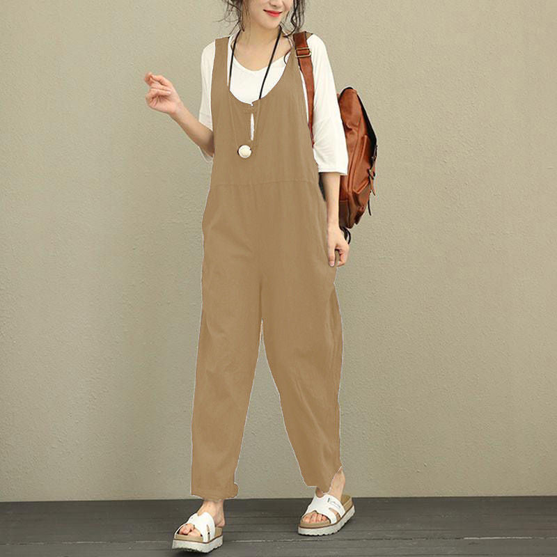 Damen Lässiger Baumwoll-Overall mit weitem Bein und verstellbaren Trägern Nord Taschen