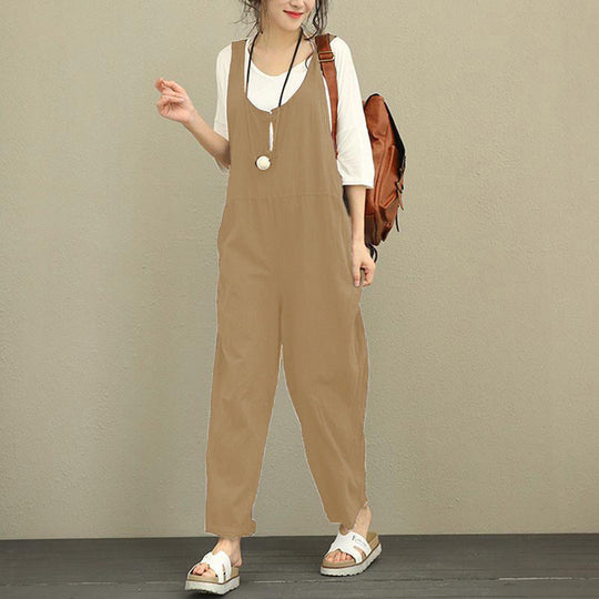 Damen Lässiger Baumwoll-Overall mit weitem Bein und verstellbaren Trägern Nord Taschen