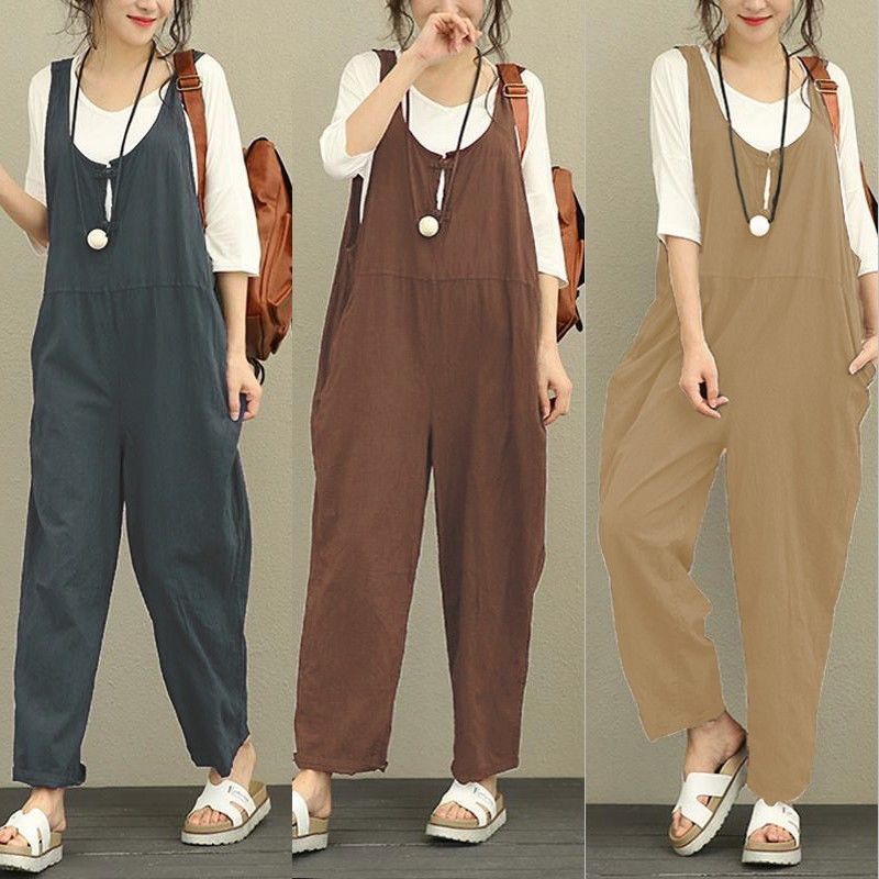 Damen Lässiger Baumwoll-Overall mit weitem Bein und verstellbaren Trägern Nord Taschen