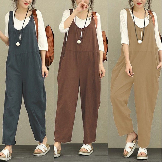 Damen Lässiger Baumwoll-Overall mit weitem Bein und verstellbaren Trägern Nord Taschen