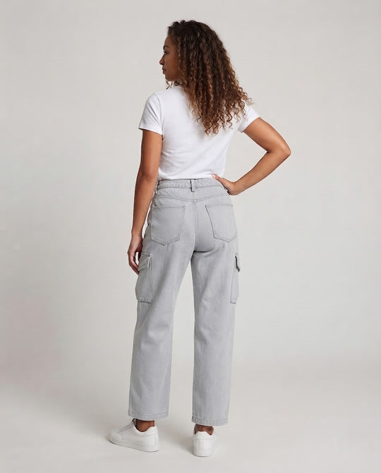 Damen Hochgeschnittene Denim-Palazzohose mit Utility-Klappentaschen und lockerer Beinweite Nord Taschen