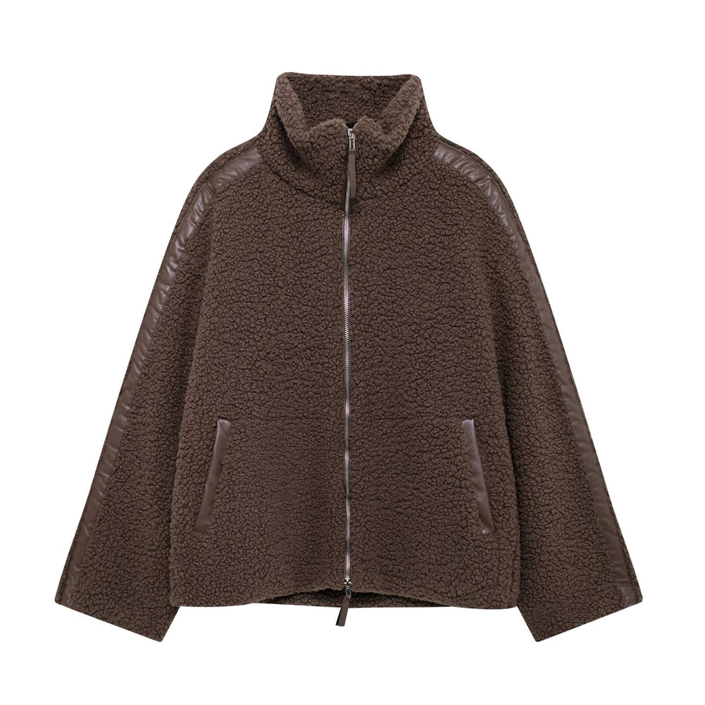 Damen-Teddyfleece-Jacke, Stehkragen, Reißverschluss, Oversized