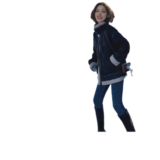 Damen-Lammfellimitat-Jacke im Biker-Stil