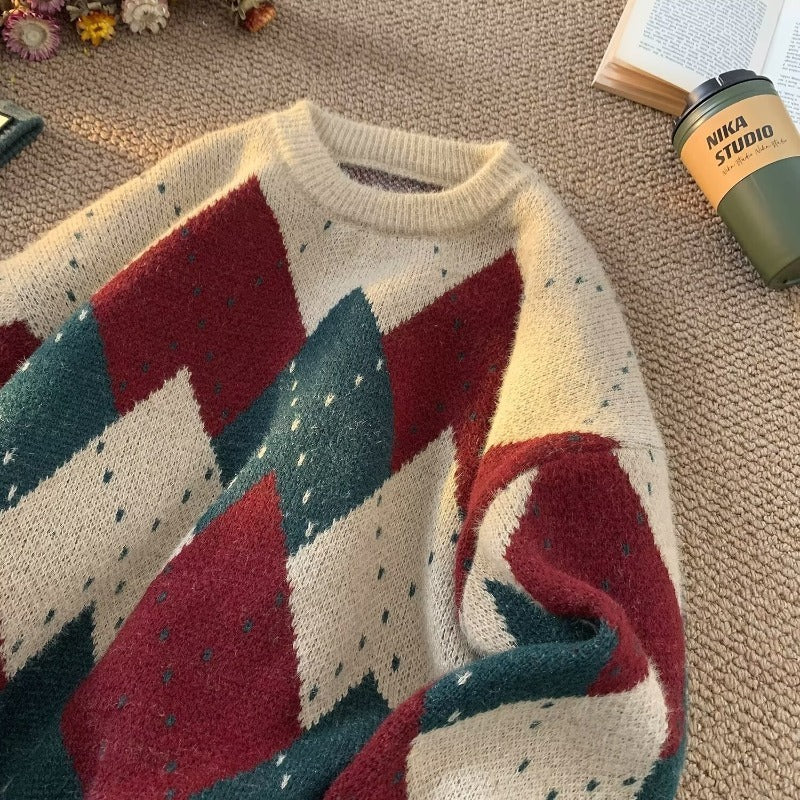 Vintage-Strickpullover mit Rautenmuster, Unisex