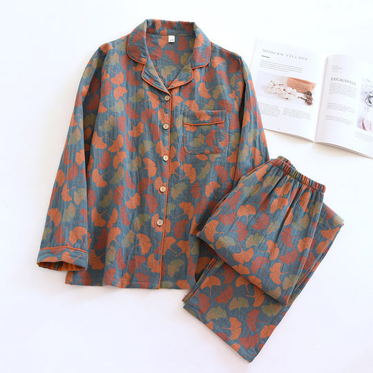 Damen-Pyjama-Set aus Baumwoll-Gaze, langärmelig, Vintage-Stil