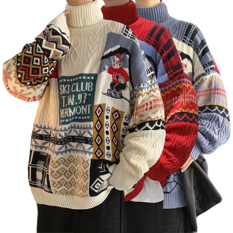 Herren-Strickpullover mit Bären-Stickerei und Stehkragen