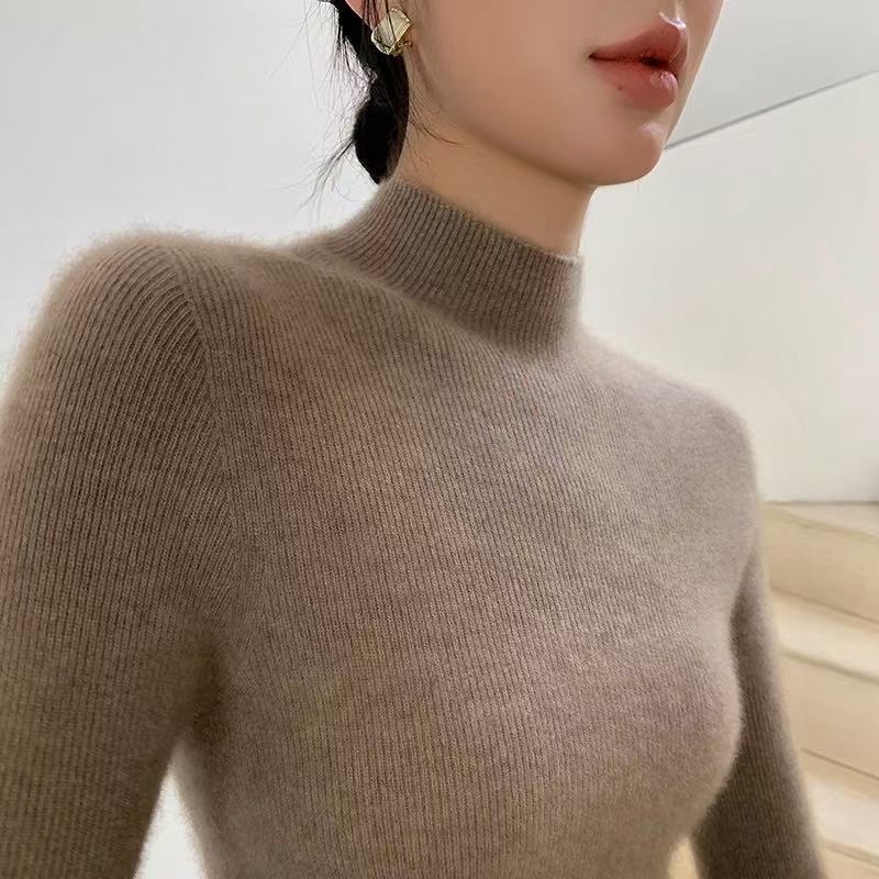 Damen-Woll-Strickpullover, Stehkragen, schmal geschnitten