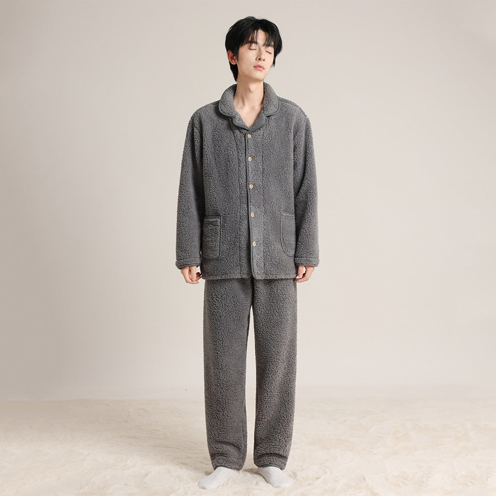 Paar-Schlafanzug aus Korallenfleece, warm, mit Revers