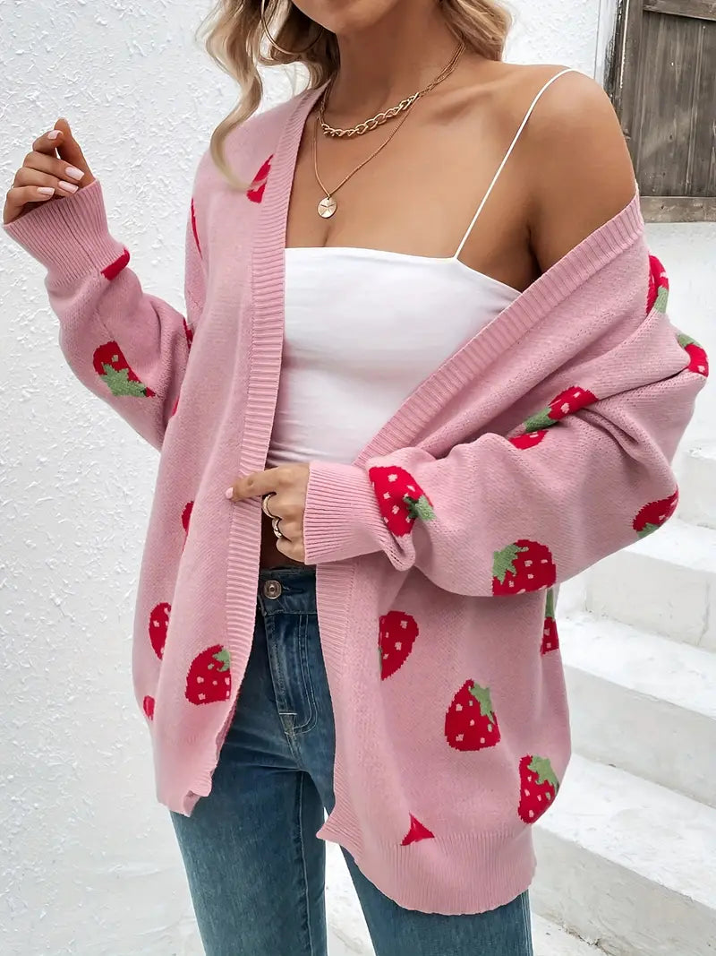 Strickjacke Übergröße Passform Gestrickte Textur Hüftlänge Verspieltes Muster