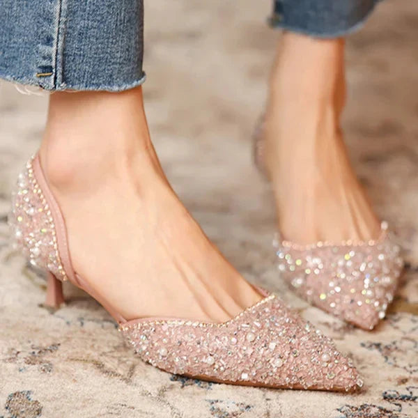 Stilvolle Schuhe mit Spitzer Zehe und Mittlerem Absatz mit Glitzeroberfläche