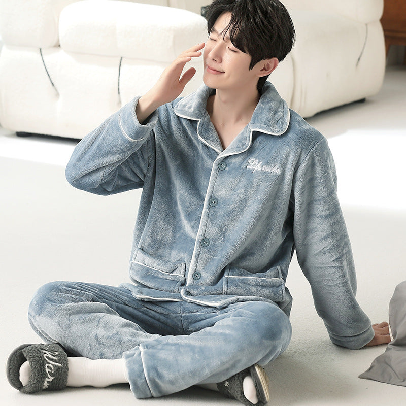 Herren-Pyjama-Set aus Flanell, bestickt, schlicht