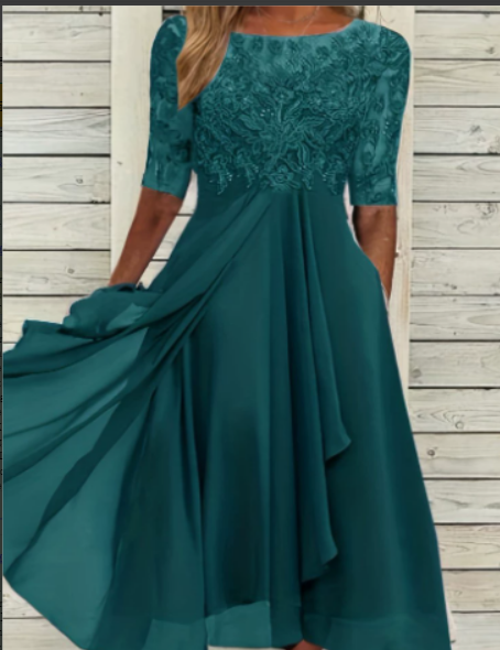 Damen Feminin Fallendes Chiffon Midikleid mit Fließendem Schnitt