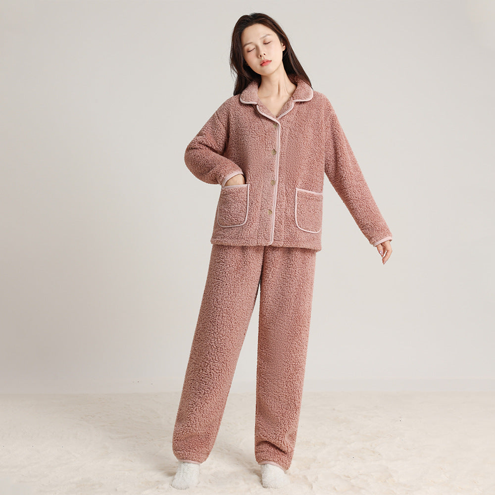 Paar-Schlafanzug aus Korallenfleece, warm, mit Revers