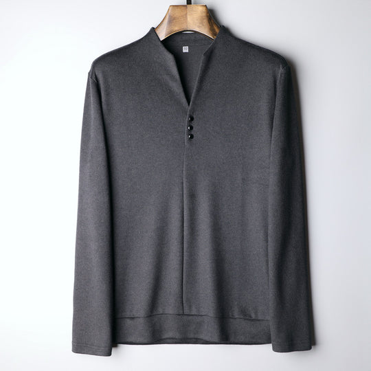 Herren Leichtes Feinstrick-Longsleeve mit verdeckter Knopfleiste und Stehkragen Nord Taschen