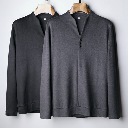 Herren Leichtes Feinstrick-Longsleeve mit verdeckter Knopfleiste und Stehkragen Nord Taschen