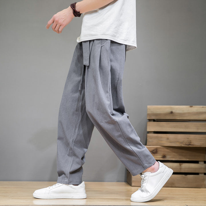 Herren lockere Leinenhose mit Kordelbund und tapered Bein Nord Taschen