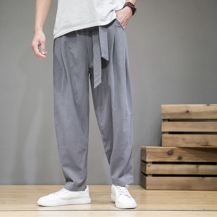 Herren lockere Leinenhose mit Kordelbund und tapered Bein Nord Taschen