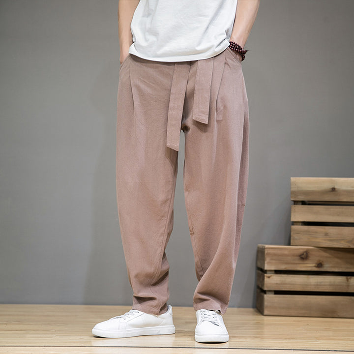 Herren lockere Leinenhose mit Kordelbund und tapered Bein Nord Taschen
