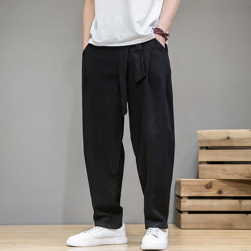 Herren lockere Leinenhose mit Kordelbund und tapered Bein Nord Taschen