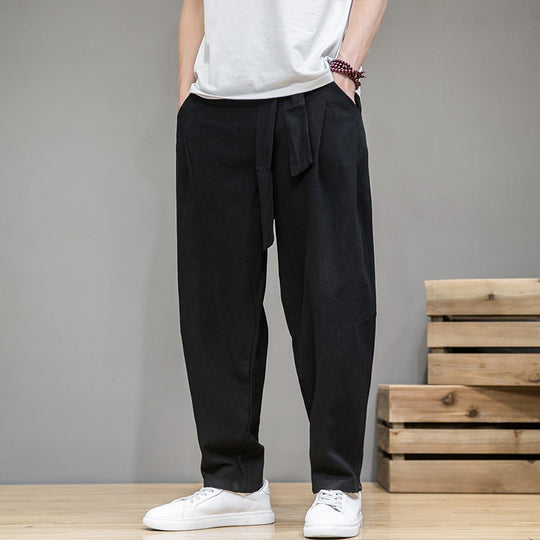 Herren lockere Leinenhose mit Kordelbund und tapered Bein Nord Taschen
