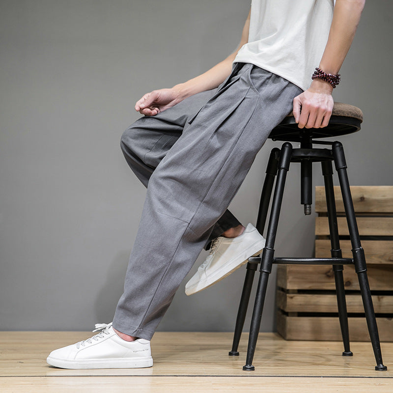 Herren lockere Leinenhose mit Kordelbund und tapered Bein Nord Taschen
