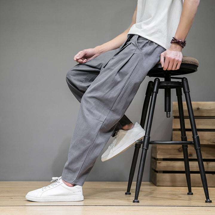 Herren lockere Leinenhose mit Kordelbund und tapered Bein Nord Taschen