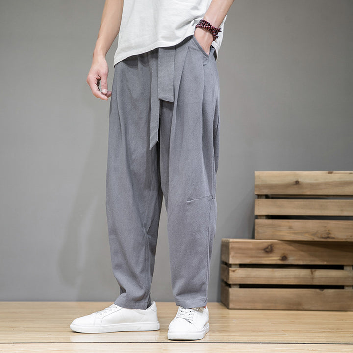 Herren lockere Leinenhose mit Kordelbund und tapered Bein Nord Taschen