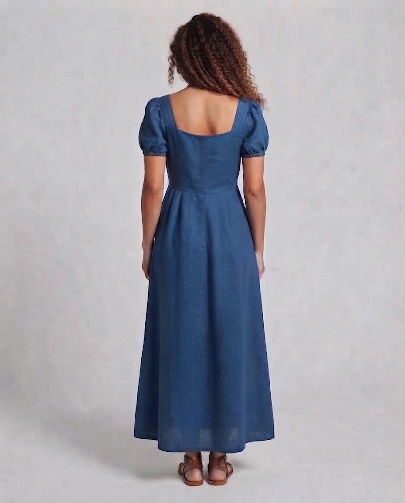 Frauen Elegantes Maxikleid mit Puffärmeln und Taillengürtel Nord Taschen