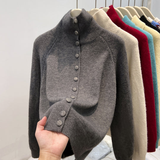 Damen-Strickjacke mit Stehkragen und Knopfleiste
