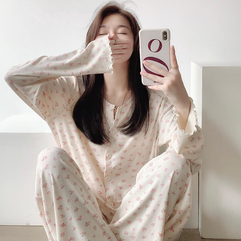 Damen-Pyjama-Set, floral, langärmelig, geknöpft