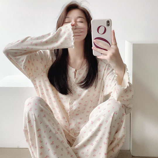 Damen-Pyjama-Set, floral, langärmelig, geknöpft