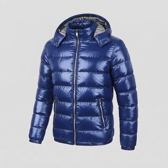 Herren Glänzende Steppjacke mit Kapuze, Gestreiftem Innenfutter & Kontrastreißverschlüssen Nord Taschen