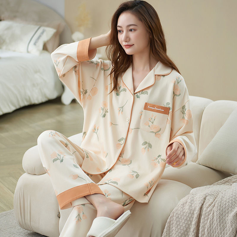 Damen-Pyjama-Set, Baumwolle, Langarm, Cartoon-Design