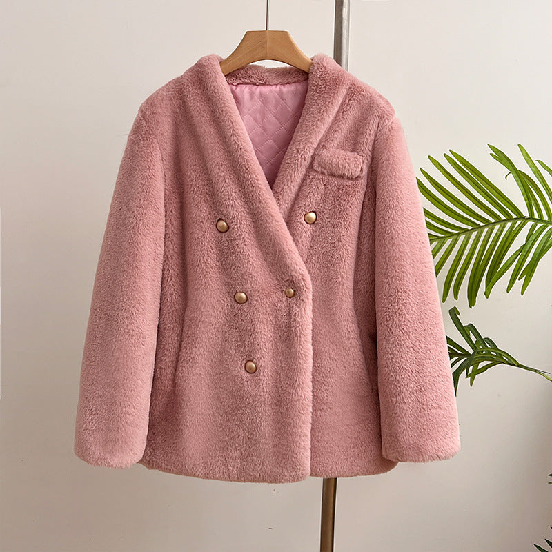 Damen-Plüschjacke mit V-Ausschnitt, warm und winddicht