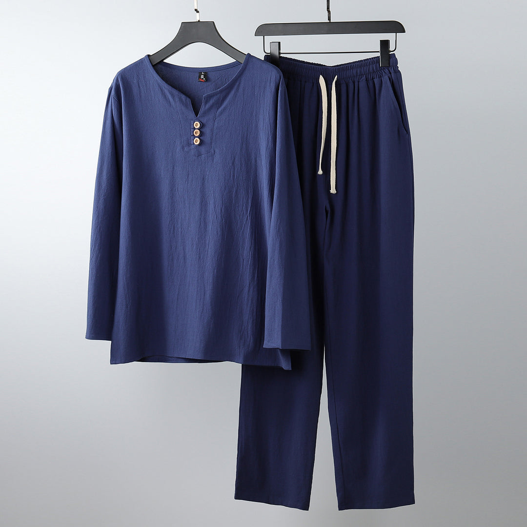 Damen Komfortables Baumwoll-Loungewear-Set mit Henley-Ausschnitt und Kordelbundhose Nord Taschen
