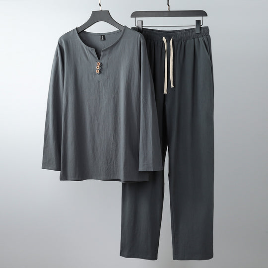 Damen Komfortables Baumwoll-Loungewear-Set mit Henley-Ausschnitt und Kordelbundhose Nord Taschen
