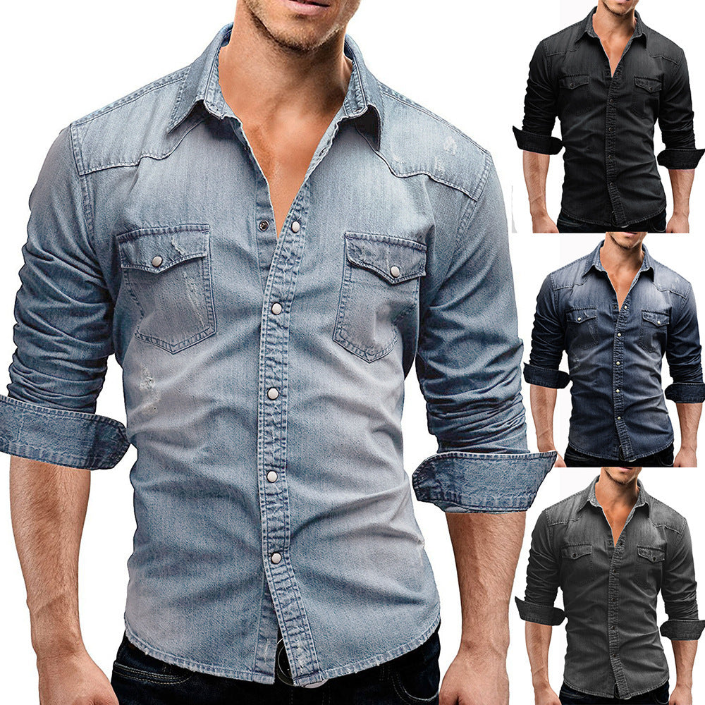 Herren locker geschnittenes Jeansstoff-Overshirt mit Pattentaschen und abgerundetem Saum Nord Taschen