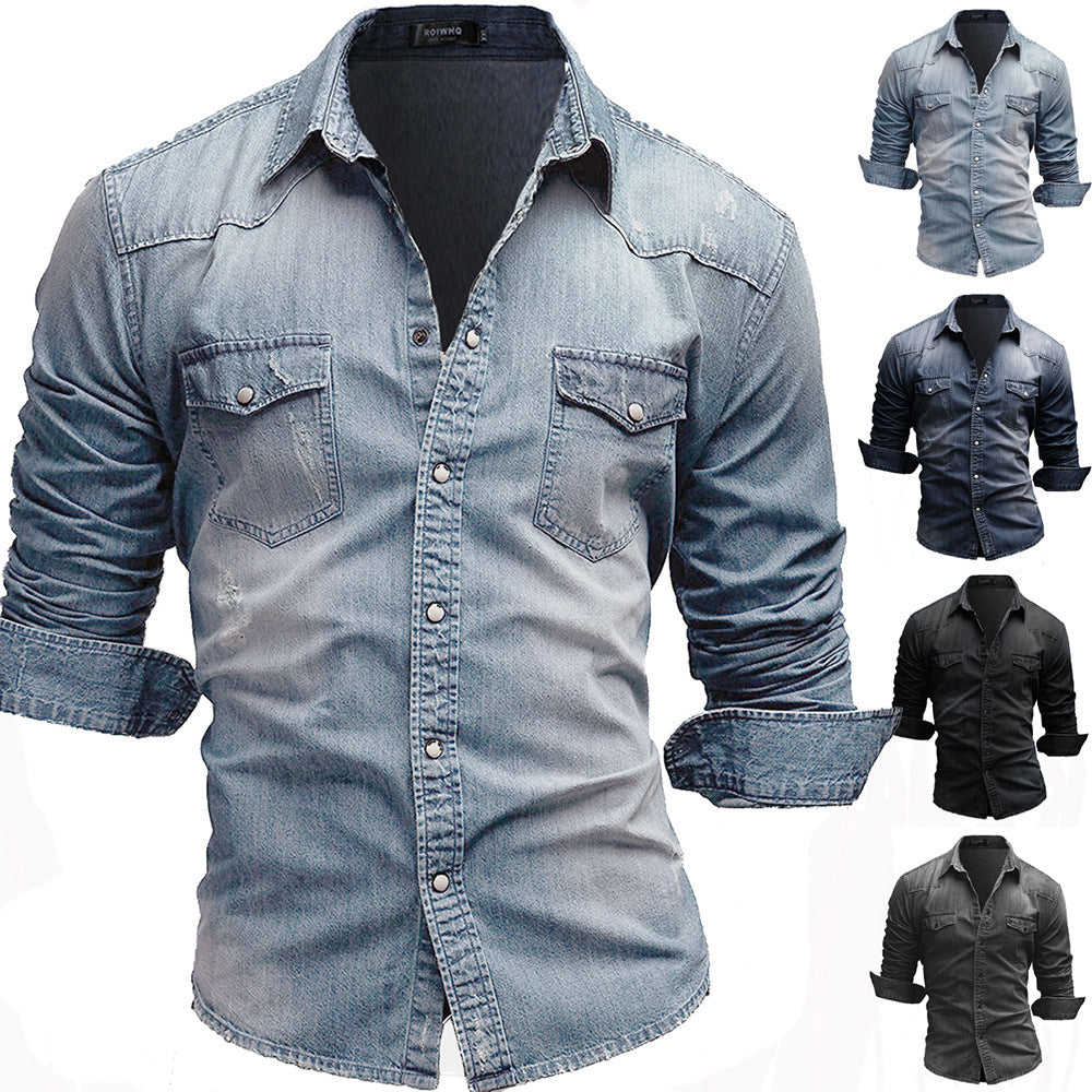 Herren locker geschnittenes Jeansstoff-Overshirt mit Pattentaschen und abgerundetem Saum Nord Taschen