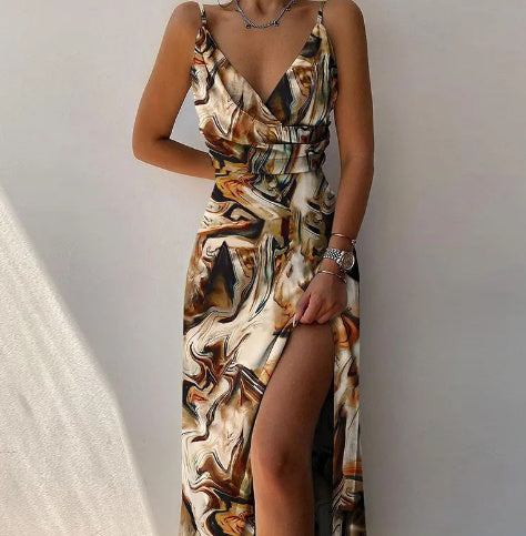 V-Ausschnitt Midikleid mit Druck und Schlitz