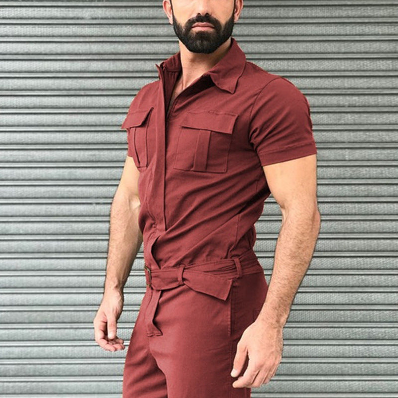 Herren nan Kurzarm-Arbeits-Overall mit Taillengürtel und Brusttaschen