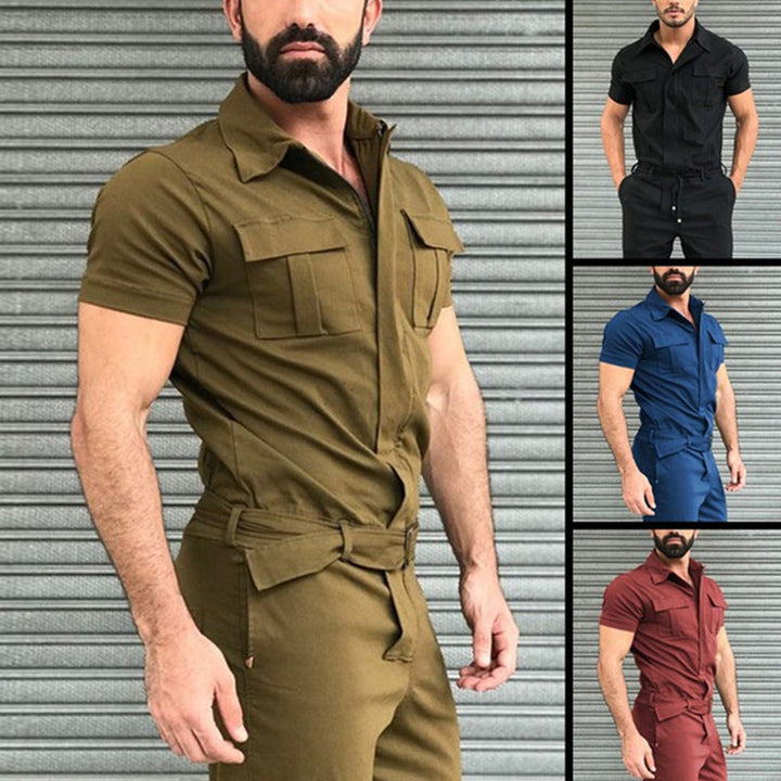 Herren nan Kurzarm-Arbeits-Overall mit Taillengürtel und Brusttaschen