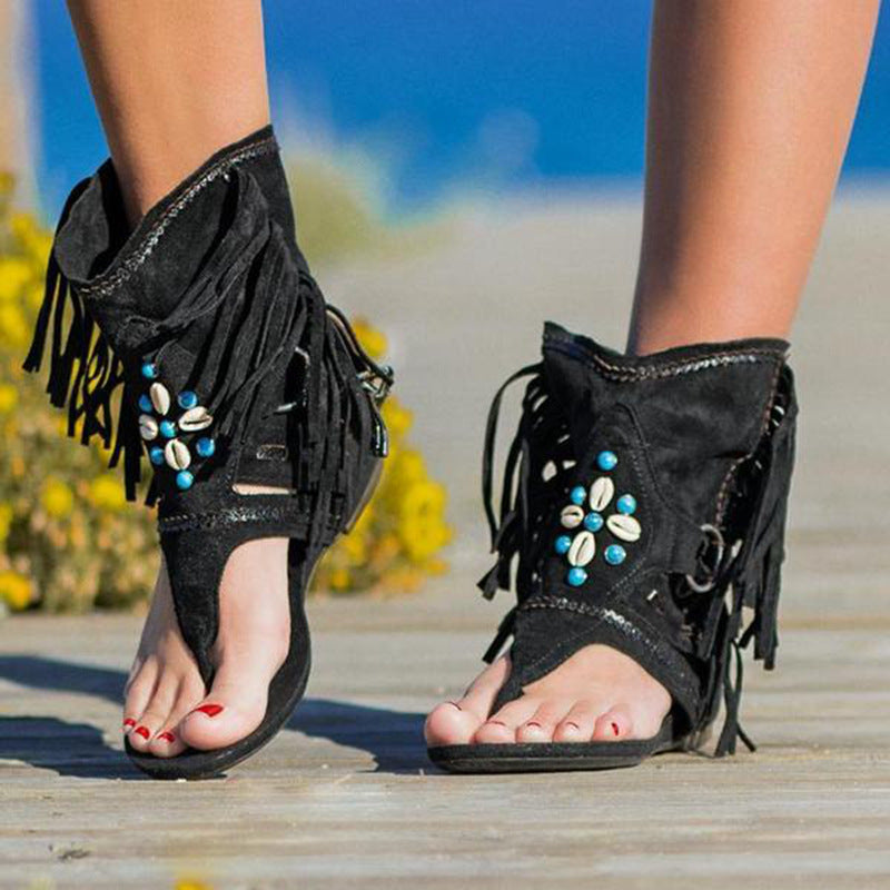 Damen Freizeitsandalen mit Fransen und detailreicher Dekoration