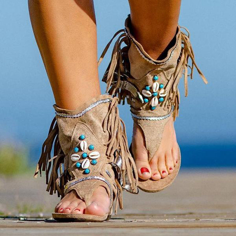 Damen Freizeitsandalen mit Fransen und detailreicher Dekoration