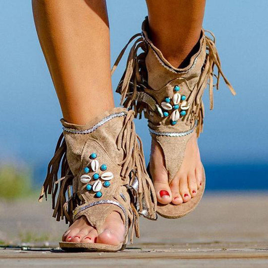 Damen Freizeitsandalen mit Fransen und detailreicher Dekoration