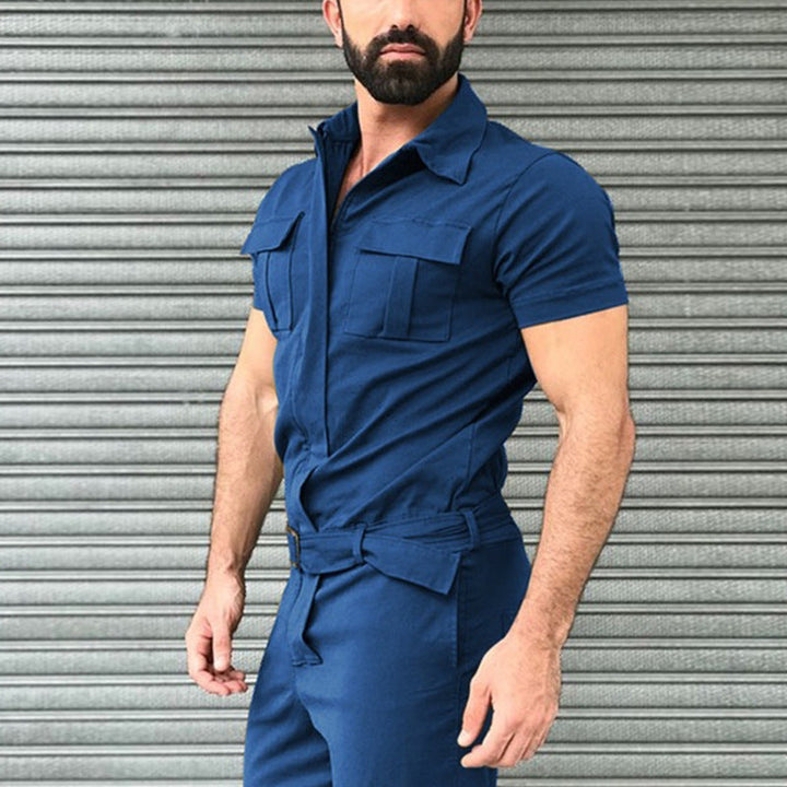 Herren nan Kurzarm-Arbeits-Overall mit Taillengürtel und Brusttaschen