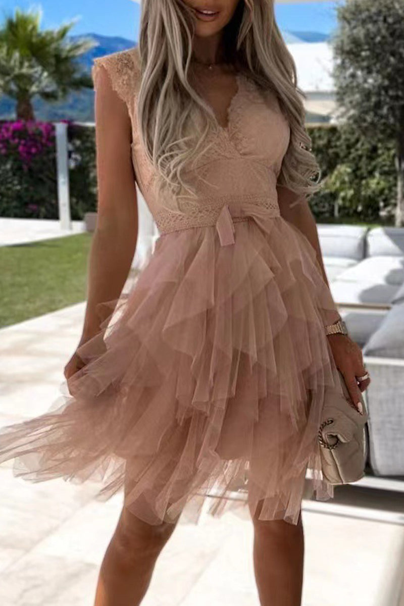 Süß Elegante Einfarbige Mesh V-Ausschnitt Ungleichmäßiges Kleid Kleider- 3 Farben